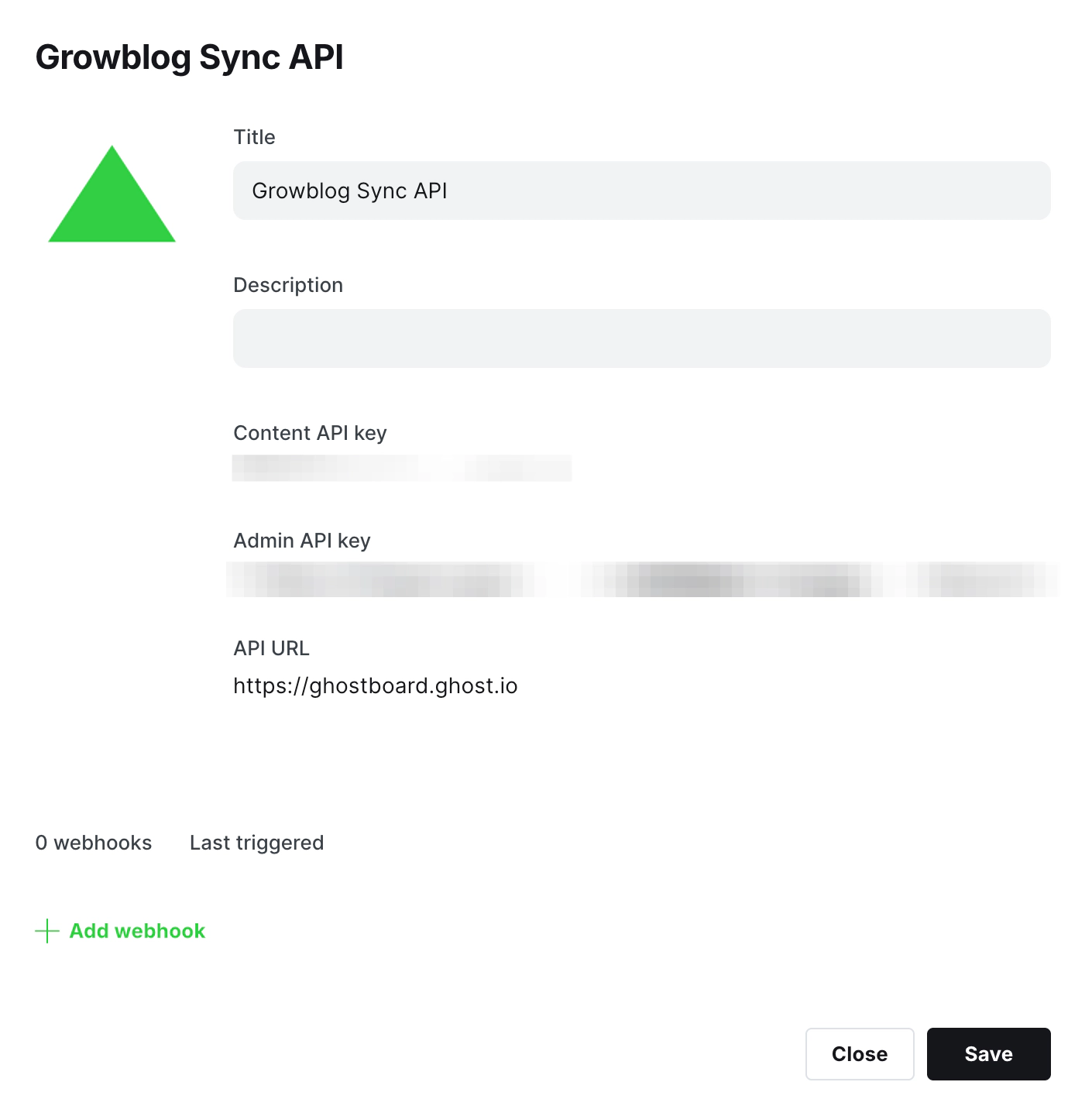 Custom integration page showing the Content API key